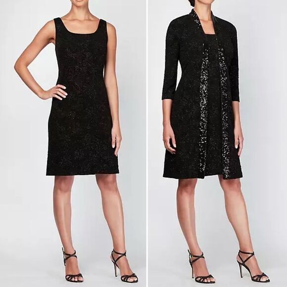 NWT Alex Evenings Midi Length Jacket Scoop Neck Tank Dress Black Sequin Size 12 - Picture 1 of 15